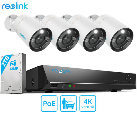 Reolink RLK8-1200B4-A varnostni komplet, 1x NVR snemalna enota (2TB) + 4x IP kamere B1200, zaznavanje gibanja, 4K Ultra HD+, IR LED, dvosmerna komunikacija, aplikacija, IP66