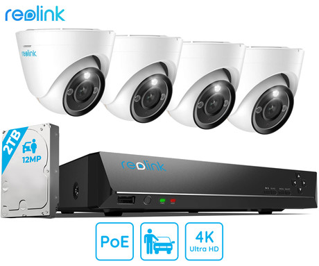 Reolink RLK8-1200D4-A varnostni komplet, 1x NVR snemalna enota (2TB) + 4x IP kamere D1200, zaznavanje gibanja, 4K Ultra HD+, IR LED, dvosmerna komunikacija, aplikacija, IP66