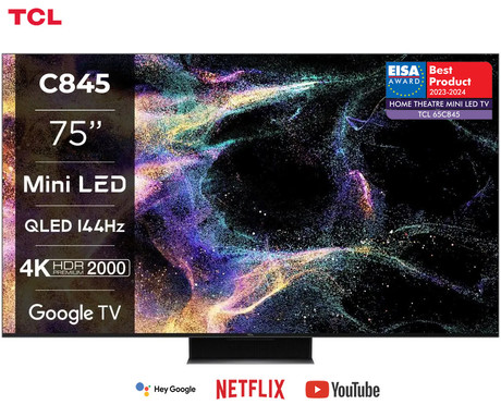 Mini LED QLED TV TCL 75C845, 190cm (75"), Android TV, WiFi, Bluetooth, HDR Premium 2000, 144Hz, Motion Clarity Pro, AMD FreeSync Premium, ONKYO, Google Assistant