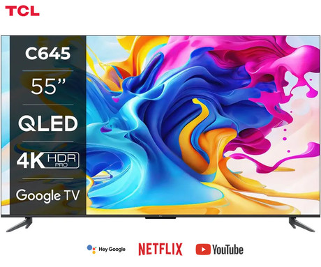 QLED TV TCL 55C645, 140cm (55"), 4K UHD, Android, GoogleTV, WiFi, Bluetooth, HDR Pro, Wide Colour Gamut, Motion Clarity, Dolby Atmos, Google Assistant