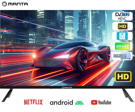 LED TV MANTA 32LHA123E, 81cm (32"), HD+, Android, WiFi, Dolby Digital+, STEREO 5.1, DVB-C/T/T2/S/S2, Hotel Mode, 3x HDMI, 2x USB, 1x CI+, Frameless oblika