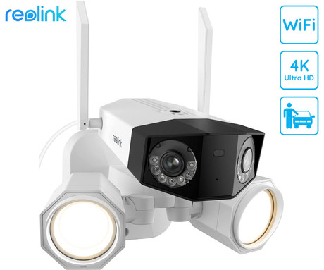 Reolink Duo Floodlight WiFi IP kamera, dva objektiva, 4K Ultra HD, WiFi, 180° snemalni kot, IR nočno snemanje, LED reflektorji, aplikacija, IP66 vodoodpornost, dvosmerna komunikacija, bela