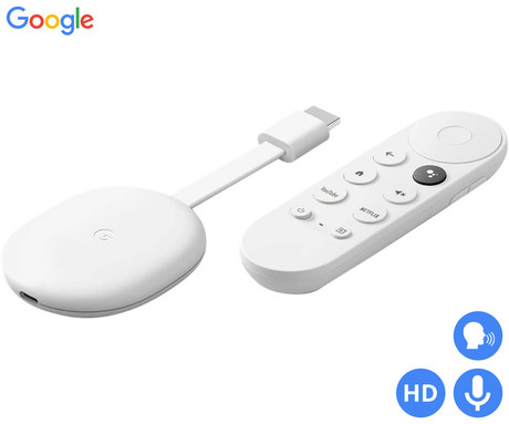 Google CHROMECAST 4 HD multimedijski center, Full HD, Google TV + Assistant, daljinski upravljalnik, glasovno upravljanje, bel