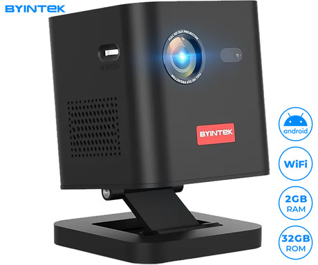 BYINTEK P19 prenosni 3D LED DLP projektor, Android, WiFi, Bluetooth, 2GB+32GB, baterija, 350 lumnov, zvočniki, max 4K UHD, HDMI + vgrajeno stojalo + torbica