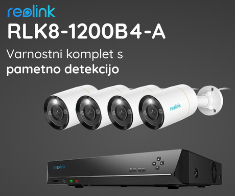 EOL - Reolink RLK8-1200B4-A varnostni komplet, 1x NVR snemalna enota (2TB) + 4x IP kamere B1200, zaznavanje gibanja, 4K Ultra HD+, IR LED, dvosmerna komunikacija, aplikacija, IP66