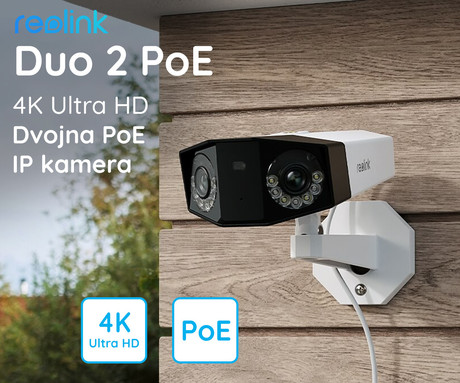 Reolink Duo 2 PoE IP kamera, dva objektiva, 4K Ultra HD, WiFi, 180° snemalni kot, IR nočno snemanje, LED reflektorji, aplikacija, IP66 vodoodpornost, dvosmerna komunikacija, bela