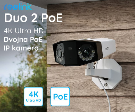 EOL - Reolink Duo 2 PoE IP kamera, dva objektiva, 4K Ultra HD, PoE, 180° snemalni kot, IR nočno snemanje, LED reflektorji, aplikacija, IP66 vodoodpornost, dvosmerna komunikacija, bela