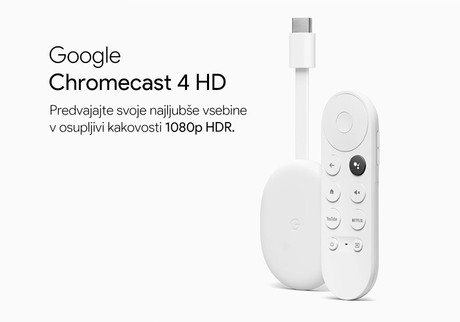 Google CHROMECAST 4 HD multimedijski center, Full HD, Google TV + Assistant, daljinski upravljalnik, glasovno upravljanje, bel