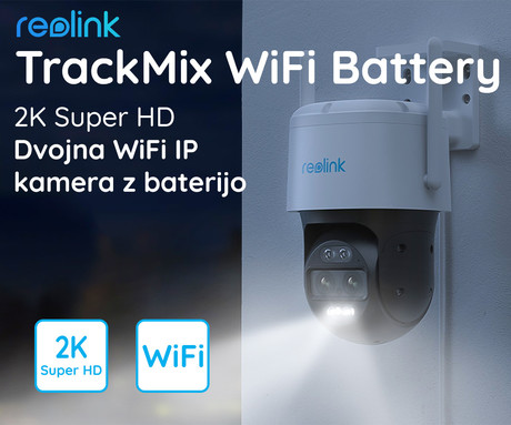 Reolink TrackMix WiFi Battery IP kamera, dva objektiva, 2K Super HD, WiFi, baterija vrtenje in nagibanje, IR nočno snemanje, LED reflektor, aplikacija, vodoodporna, dvosmerna komunikacija, bela