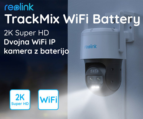 EOL - Reolink TrackMix WiFi Battery IP kamera, dva objektiva, 2K Super HD, WiFi, baterija vrtenje in nagibanje, IR nočno snemanje, LED reflektor, aplikacija, vodoodporna, dvosmerna komunikacija, bela