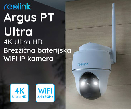 EOL - Reolink Argus PT ULTRA IP kamera, 4K Ultra HD, WiFi, baterija, vrtenje in nagibanje, IR nočno snemanje, LED reflektor, aplikacija, vodoodporna, dvosmerna komunikacija, bela
