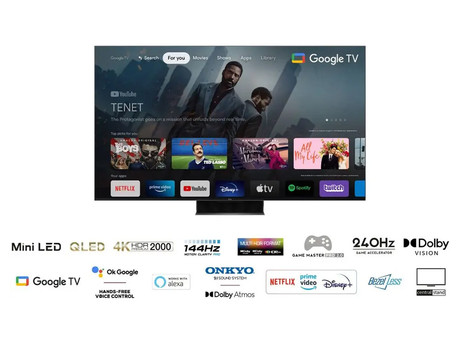 EOL - Mini LED QLED TV TCL 75C845, 190cm (75"), Android TV, WiFi, Bluetooth, HDR Premium 2000, 144Hz, Motion Clarity Pro, AMD FreeSync Premium, ONKYO, Google Assistant