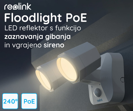 Reolink FLOODLIGHT PoE LED reflektor, pametni, 2000 lumnov, 4200K, PoE, vrtenje in nagibanje, senzor gibanja, 3 načini osvetlitve, IP65 vodoodpornost, bel