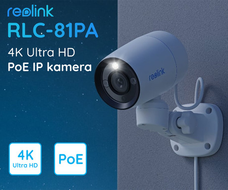 Reolink RLC-81PA IP kamera, 4K Ultra HD, PoE, 180° vrtenje, IR nočno snemanje, LED reflektor, aplikacija, IP67 vodoodpornost, dvosmerna komunikacija, bela