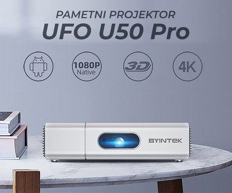 EOL - BYINTEK UFO U50 PRO prenosni 3D LED DLP projektor, Full HD 1080p, Android, WiFi, Bluetooth, 2GB + 32GB, baterija, 500 lumnov, dvojni zvočniki, max. 4K UHD, HDMI, srebrn