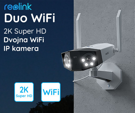 EOL - Kamera Reolink Duo WiFi, dva objektiva, 2K Super HD, WiFi, 150° smenalni kot, IR nočno snemanje, LED reflektorji, aplikacija, IP66 vodoodpornost, dvosmerna komunikacija, bela
