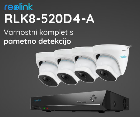 Komplet Reolink RLK8-520D4-A, 1x NVR snemalna enota (2TB HDD), 4x IP kamere RLC-520A, zaznavanje oseb / vozil, 5MP ločljivost, IR LED luči, snemanje zvoka, aplikacija, IP66 vodoodpornost