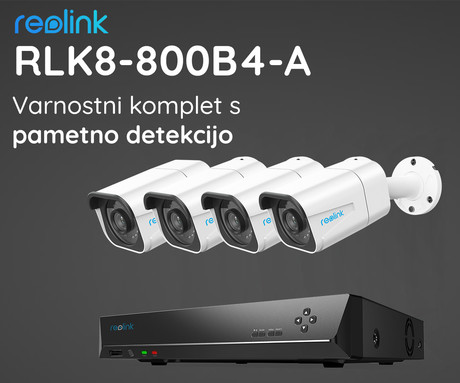 Reolink RLK8-800B4-A varnostni komplet, 1x NVR snemalna enota (2TB) + 4x IP kamere B800, zaznavanje gibanja / oseb / vozil, 4K Ultra HD, IR LED luči, snemanje zvoka, aplikacija, IP66 vodoodpornost