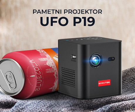 BYINTEK UFO P19 prenosni 3D LED DLP projektor, Android, Dual WiFi, Bluetooth, 2GB+32GB, baterija, 300 ANSI lumnov, STEREO zvočniki, max 4K UHD, HDMI / USB-A / USB-C, +daljinec, +torbica