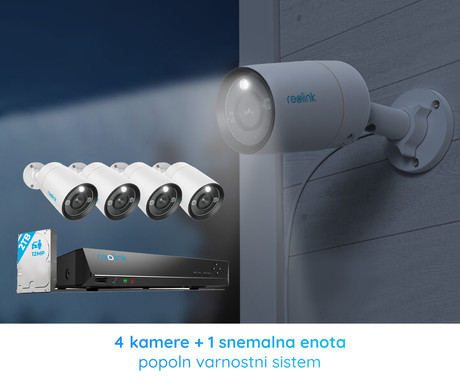 EOL - Reolink RLK8-1200B4-A varnostni komplet, 1x NVR snemalna enota (2TB) + 4x IP kamere B1200, zaznavanje gibanja, 4K Ultra HD+, IR LED, dvosmerna komunikacija, aplikacija, IP66