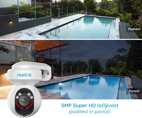 Reolink E1 OUTDOOR IP kamera, 5MP Super HD, WiFi, vrtenje in nagibanje, IR nočno snemanje, LED reflektorji, aplikacija, vodoodporna, dvosmerna komunikacija, črna
