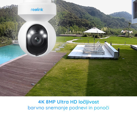 Reolink E1 OUTDOOR PRO IP kamera, 4K 8MP Ultra HD, WIFI 6, vrtenje in nagibanje, IR nočno snemanje, LED reflektorji, aplikacija, vodoodporna, dvosmerna komunikacija, bela