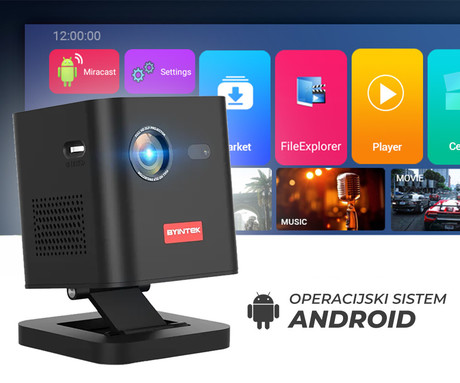 BYINTEK UFO P19 prenosni 3D LED DLP projektor, Android, Dual WiFi, Bluetooth, 2GB+32GB, baterija, 300 ANSI lumnov, STEREO zvočniki, max 4K UHD, HDMI / USB-A / USB-C, +daljinec, +torbica