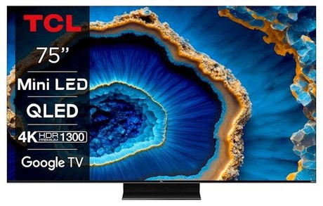 Mini LED QLED TV TCL 75C805, 190cm (75"), Google TV, 4K HDR Premium 1300, 144Hz Motion Clarity Pro, Doly Atmos, Google Assistant, Alexa