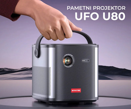 BYINTEK UFO U80 prenosni 3D LED DLP projektor, Android, WiFi, Bluetooth, 2GB+32GB, baterija, 500 lumnov, zvočniki, max 4K UHD, USB/HDMI/AUX, + daljinec