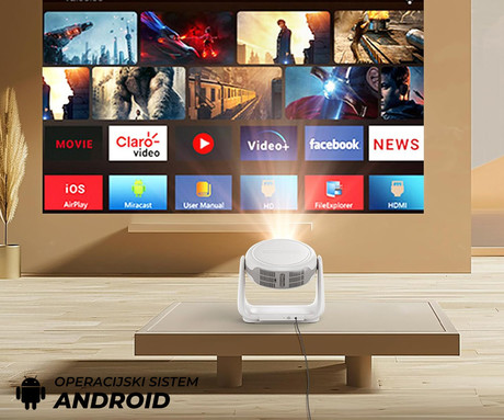 BYINTEK VEVSHAO A10 prenosni LED projektor, Android, WIFI 6, Bluetooth, 380 ANSI lumnov, zvočnik, samodejni fokus, deljenje zaslona, max 4K UHD, USB / HDMI / AUX, +daljinec