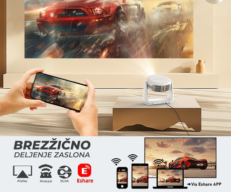 BYINTEK VEVSHAO A10 prenosni LED projektor, Android, WIFI 6, Bluetooth, 380 ANSI lumnov, zvočnik, samodejni fokus, deljenje zaslona, max 4K UHD, USB / HDMI / AUX, +daljinec