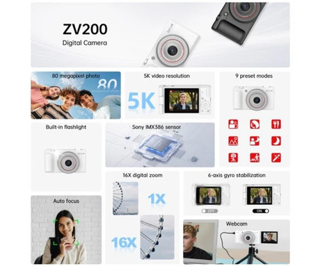 SJCAM ZV200 digitalni fotoaparat, 5K Ultra HD+, 80MP, 2.8" IPS FLIP zaslon, SONY senzor, 16x digitalni ZOOM, 6-osna stabilizacija, polnilna baterija, AUTO fokus, 9 PRESET načinov, +dodatki, bel SJCAM ZV200 digitalni fotoaparat, 5K Ultra HD+, 80MP, 2.8" IPS FLIP zaslon, SONY senzor, 16x digitalni ZOOM, 6-osna stabilizacija, polnilna baterija, AUTO fokus, 9 PRESET načinov, +dodatki, bel