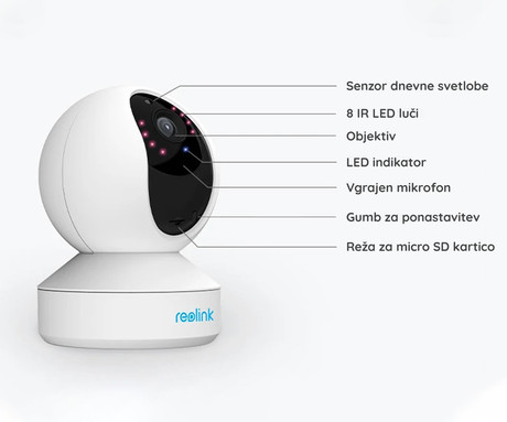 Reolink E330 IP kamera, 4MP Super HD, WiFi, vrtenje in nagibanje, IR nočno snemanje, predsnemanje, aplikacija, dvosmerna komunikacija, bela