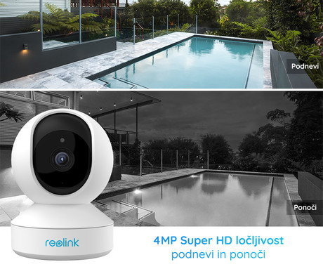 Reolink E330 IP kamera, 4MP Super HD, WiFi, vrtenje in nagibanje, IR nočno snemanje, predsnemanje, aplikacija, dvosmerna komunikacija, bela