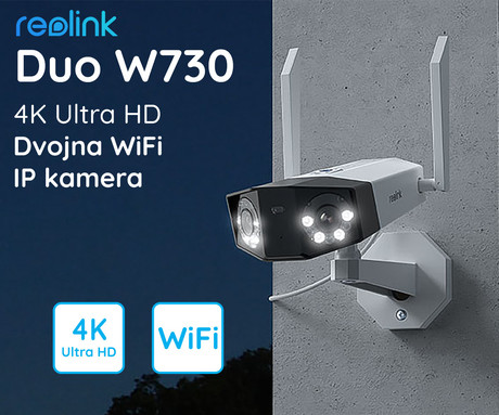 Reolink DUO W730 IP kamera, dva objektiva, 4K 8MP Ultra HD, Dual WiFi, 180° snemalni kot, IR nočno snemanje, LED reflektorji, aplikacija, IP66 vodoodpornost, dvosmerna komunikacija, bela