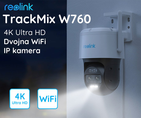 Reolink TrackMix W760 IP kamera, WiFi, dva objektiva, 4K Ultra HD, vrtenje in nagibanje, IR nočno snemanje, LED reflektorji, aplikacija, vodoodporna, dvosmerna komunikacija, bela