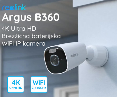 Reolink ARGUS B360 IP kamera, 4K 8MP Ultra HD, Dual WiFi, baterija, barvno nočno snemanje, LED reflektorji, aplikacija, vodoodporna, dvosmerna komunikacija, bela