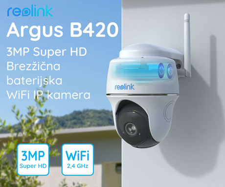 Reolink ARGUS B420 IP kamera, 3MP Super HD, WiFi, baterija, vrtenje in nagibanje, IR nočno snemanje, aplikacija, vodoodporna, dvosmerna komunikacija, bela