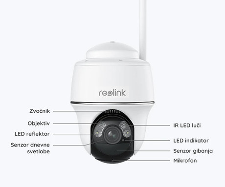 Reolink ARGUS B440 IP kamera, 4K 8MP Ultra HD, Dual WiFi, baterija, vrtenje in nagibanje, IR nočno snemanje, LED reflektorji, aplikacija, vodoodporna, dvosmerna komunikacija, bela