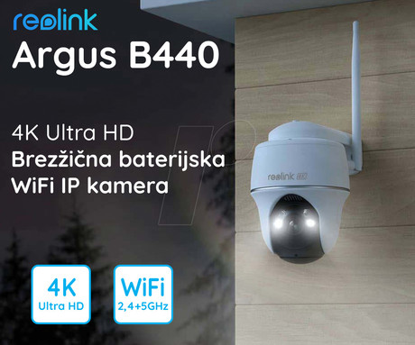 Reolink ARGUS B440 IP kamera, 4K 8MP Ultra HD, Dual WiFi, baterija, vrtenje in nagibanje, IR nočno snemanje, LED reflektorji, aplikacija, vodoodporna, dvosmerna komunikacija, bela