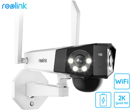 Reolink DUO B750 IP kamera, dva objektiva, 2K 6MP Quad HD, Dual WiFi, baterija, 180° snemalni kot, barvno nočno snemanje, LED reflektorji, aplikacija, IP66 vodoodpornost, dvosmerna komunikacija, bela