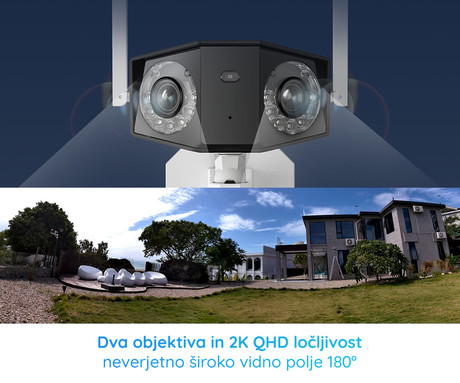 Reolink DUO B750 IP kamera, dva objektiva, 2K 6MP Quad HD, Dual WiFi, baterija, 180° snemalni kot, barvno nočno snemanje, LED reflektorji, aplikacija, IP66 vodoodpornost, dvosmerna komunikacija, bela