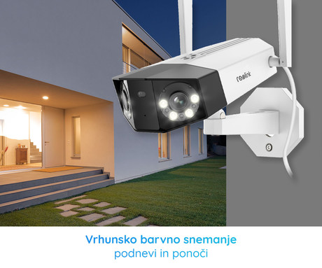 Reolink DUO B750 IP kamera, dva objektiva, 2K 6MP Quad HD, Dual WiFi, baterija, 180° snemalni kot, barvno nočno snemanje, LED reflektorji, aplikacija, IP66 vodoodpornost, dvosmerna komunikacija, bela