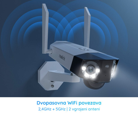 Reolink DUO B750 IP kamera, dva objektiva, 2K 6MP Quad HD, Dual WiFi, baterija, 180° snemalni kot, barvno nočno snemanje, LED reflektorji, aplikacija, IP66 vodoodpornost, dvosmerna komunikacija, bela