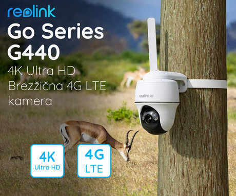 Reolink GO G440 IP kamera, 4K 8MP Ultra HD, 4G LTE, baterija, vrtenje in nagibanje, IR nočno snemanje, LED reflektor, aplikacija, IP64 vodoodpornost, dvosmerna komunikacija, bela