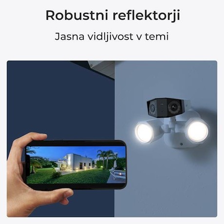 Reolink FLOODLIGHT F750P IP kamera, 4K 8MP Ultra HD, PoE, 180° snemalni kot, dva objektiva, barvno nočno snemanje, LED reflektorji, aplikacija, IP66 vodoodpornost, dvosmerna komunikacija, bela