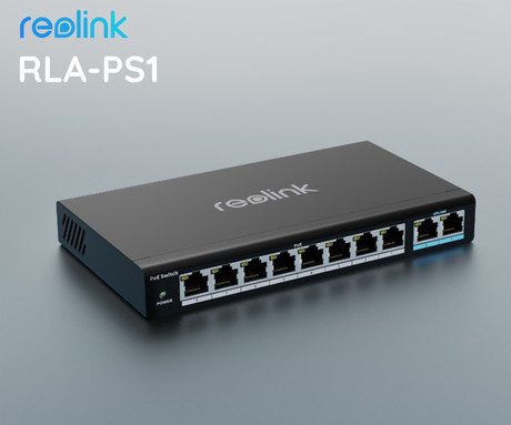 Reolink RLA-PS1 PoE switch / stikalo, 120W, priklop do 8 kamer, samodejno zaznavanje, 4KV električna zaščita, Plug & Play, stenska / namizna montaža, črna