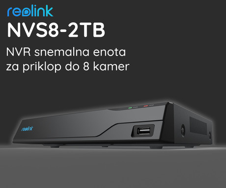 Reolink NVS8 snemalna enota, 2TB disk, priklop do 8 kamer, razširljiv spomin do 6TB, neprekinjeno snemanje, PoE namestitev, črna