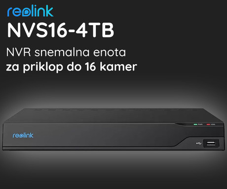 Reolink NVS16 snemalna enota, 4TB disk, priklop do 16 kamer, razširljiv spomin do 12TB, neprekinjeno snemanje, PoE namestitev, črna