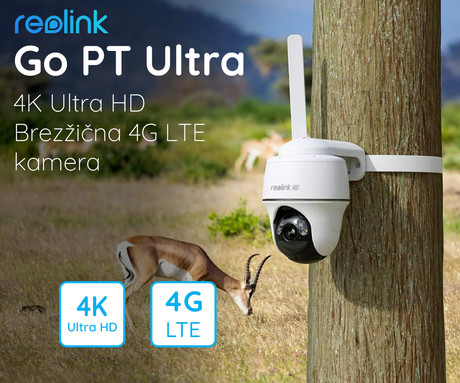 Reolink GO PT ULTRA IP kamera, 4K Ultra HD, 4G LTE, baterija, vrtenje in nagibanje, IR nočno snemanje, LED reflektor, aplikacija, IP64 vodoodpornost, dvosmerna komunikacija, bela